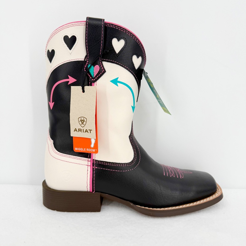 Ariat Girls Round Up Hearts Western Boots Black White Leather Size 3 NWOB
